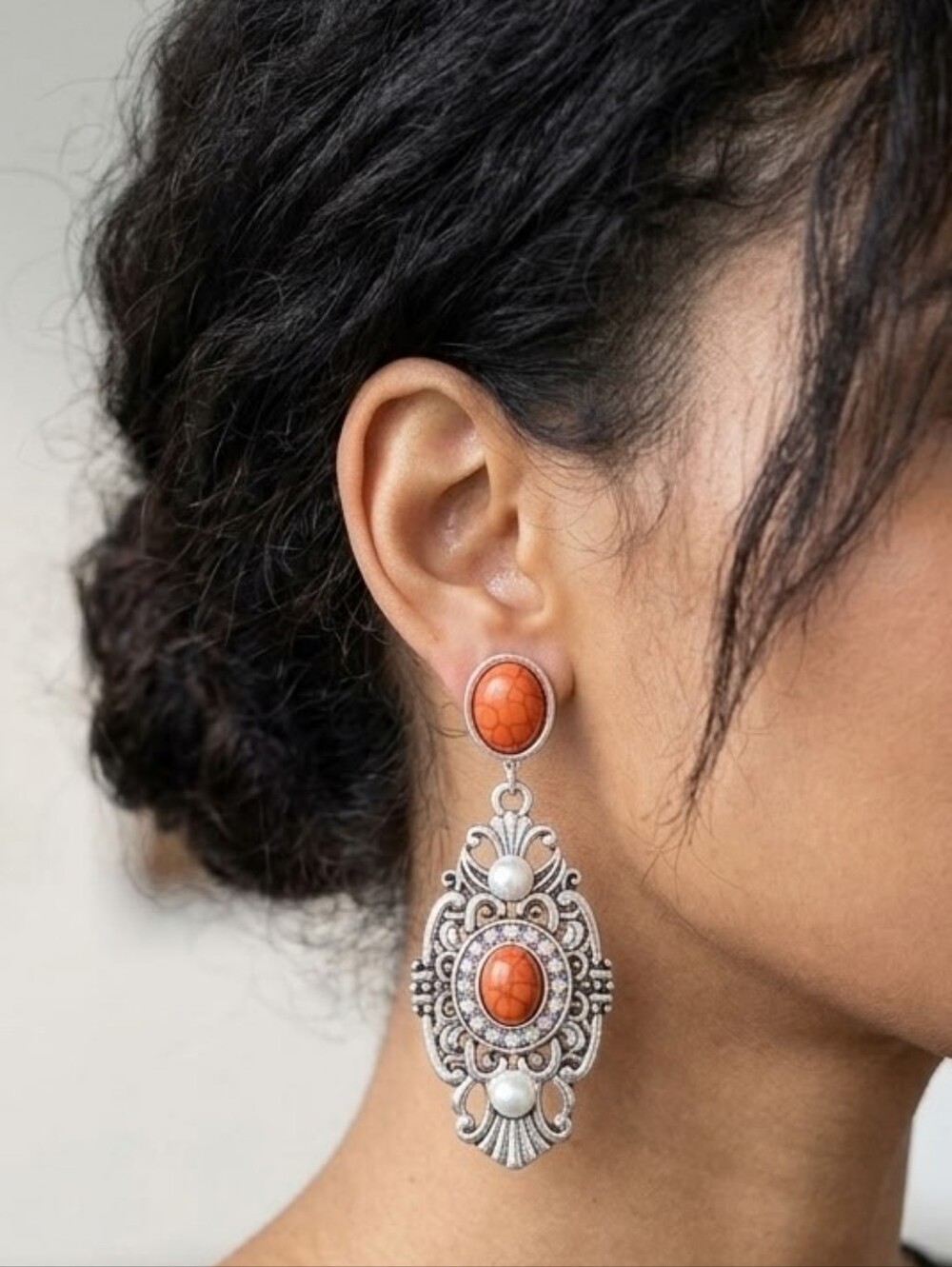 Orange Stone Filigree Drop Earrings NWT